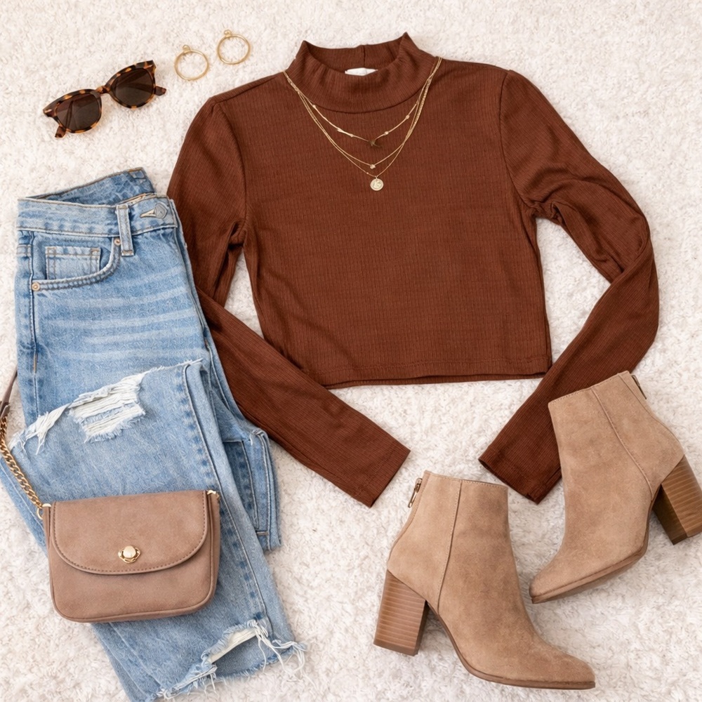 Altar’d State Brown Ribbed Mock Neck Long Sleeve Crop Top Size S